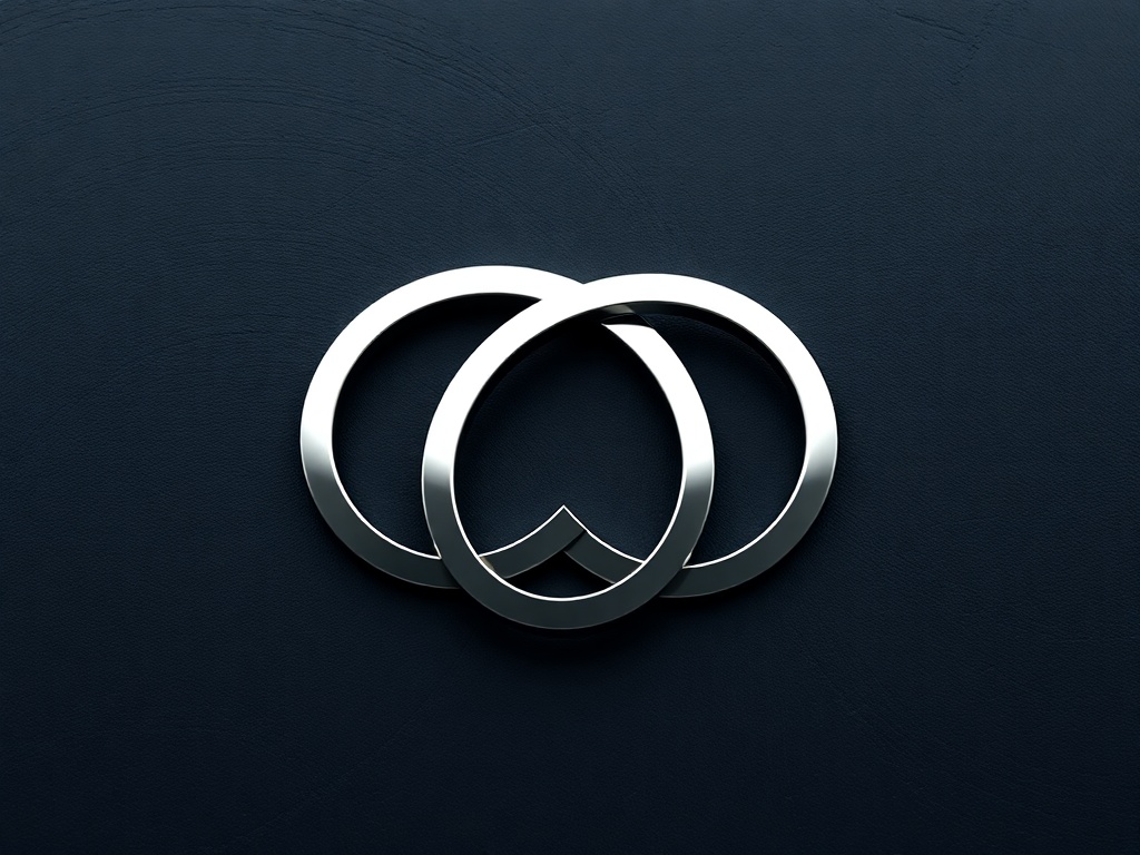 Minimalist geometric logo mark: interlocking circles forming an infinity symbol, polished silver on dark stone background. Photorealistic, 8k.